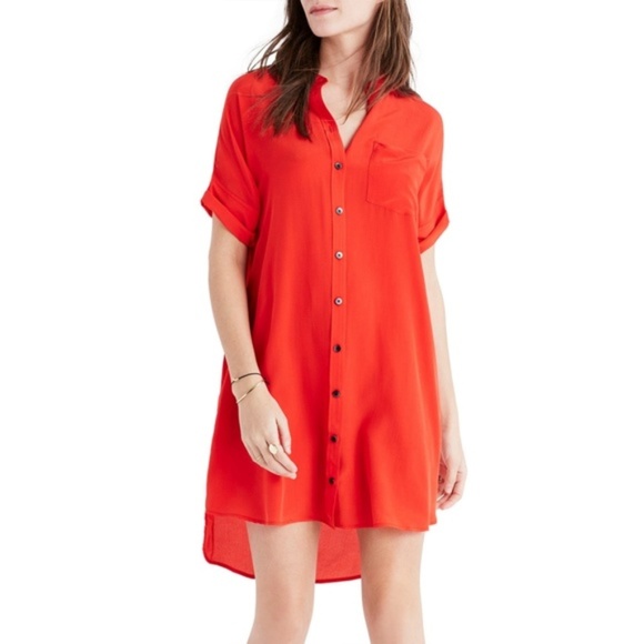 Madewell Button Down Red Silk Shirt Dress - Picture 1 of 7